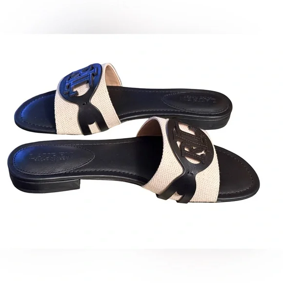 Ralph Lauren NWT Sz 6.5 Alegra Black & Cream Leather Flat Slide Sandals (SH280) - Picture 3 of 11